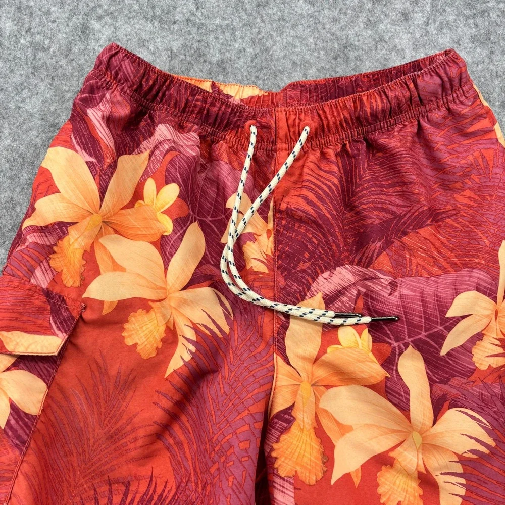 Tommy Bahama Mens Red Tropical Floral Swim Trunks Mesh Liner Cargo Pocket Sz S